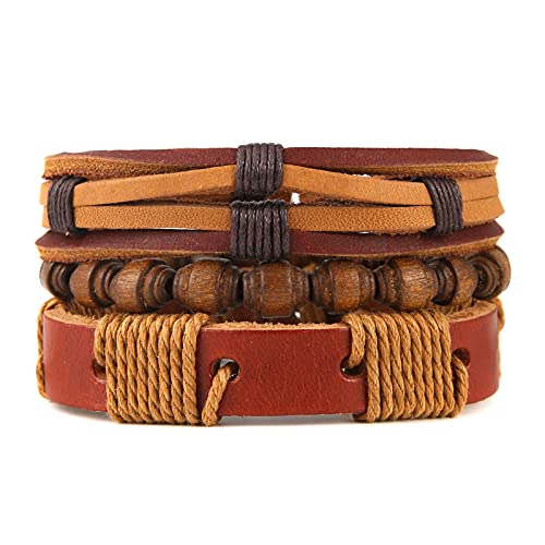 HZMAN Handmade Hemp Cords Wood Beads Leather Bracelets for Men Women - style: Wooden bead style 2