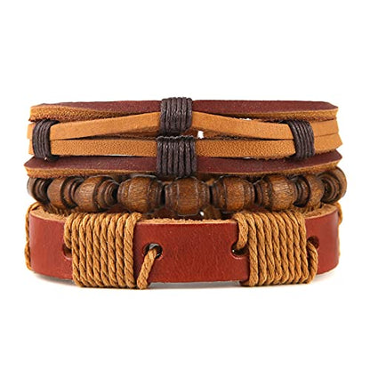 HZMAN Handmade Hemp Cords Wood Beads Leather Bracelets for Men Women - style: Wooden bead style 2