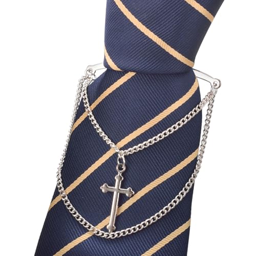 2Pcs Tie Chain for Men Classic with Double Single Gold Silver Elegant Chain Tie Cilp - color: cloud cross double chain silver