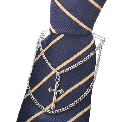 2Pcs Tie Chain for Men Classic with Double Single Gold Silver Elegant Chain Tie Cilp - color: cloud cross double chain silver