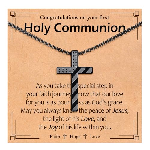 EPIRORA Cross Necklace for Men Boys, First Communion Baptism Confirmation Easter Gifts for Teens Boys, 316L Stainless Steel Chain Cross American Flag Religious Christian Jewelry Gifts, 22+2 Inches - style: Frist.Communion