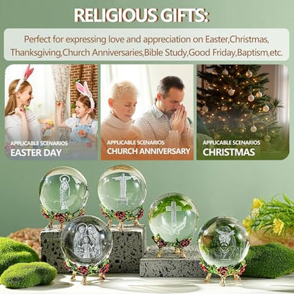 3D Cross Crystal Ball Religious Gift with Stand Christian Decor 2.3in - style: Praying Hands and Cross