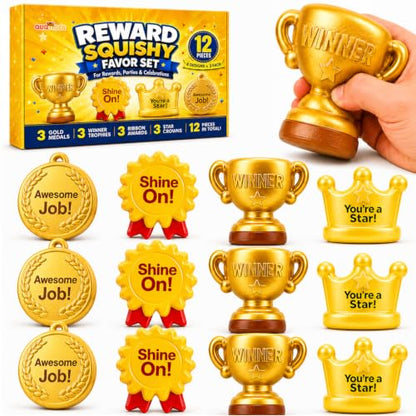 12 Pack Squishy Toys Bulk, Slow Rising Trophy Medal Crown Ribbon Squeeze Toys,Prize Box Toys, Classroom Prizes, Teacher Rewards, Party Favors, Goodie Bag Stuffers