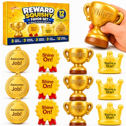 12 Pack Squishy Toys Bulk, Slow Rising Trophy Medal Crown Ribbon Squeeze Toys,Prize Box Toys, Classroom Prizes, Teacher Rewards, Party Favors, Goodie Bag Stuffers