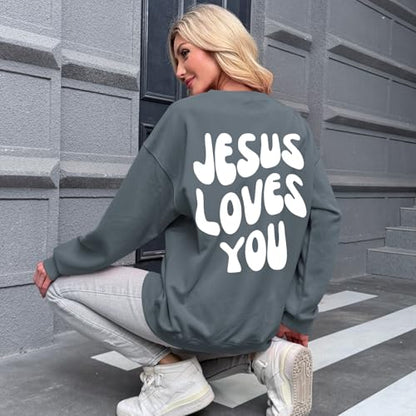 Christian Sweatshirts Women Jesus Loves You Sweatshirt Faith God Shirts Religious Hoodie Oversized Crewneck Pullover - color: Deep Gray, size: Large