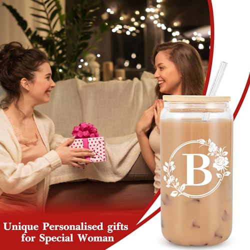 Birthday Gifts for Women, Monogrammed Initial Glass Cup Personalized Gifts for Women, 16oz Glass Cups with Lids and Straws, Iced Coffee Cup, Beer Can Shaped Glass - Gifts for Mothers Day, Christmas, B - style: B