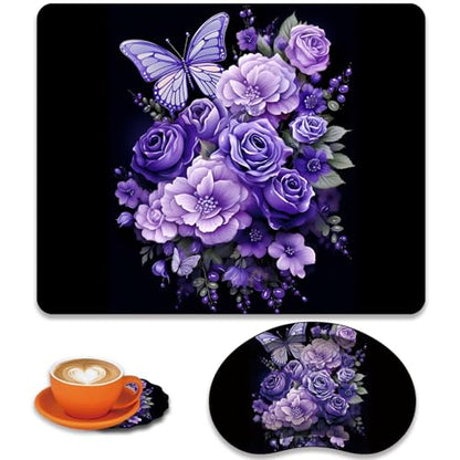 Mouse Pad 9.4"x7.9" + Wrist Support Pad + Embroidered Cup Pad Non-Slip Set, Ergonomic Mouse Wrist Support Pad, Suitable for Office/Gaming/Home Use, Butterfly and Purple Flowers - color: Butterfly and Purple Flowers