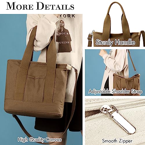 Canvas Tote Bag for Women,Small Totes Bags with Zipper Crossbody Purse with Pockets Large Shoulder Handbag,2 Sizes - color: Brown, size: Small