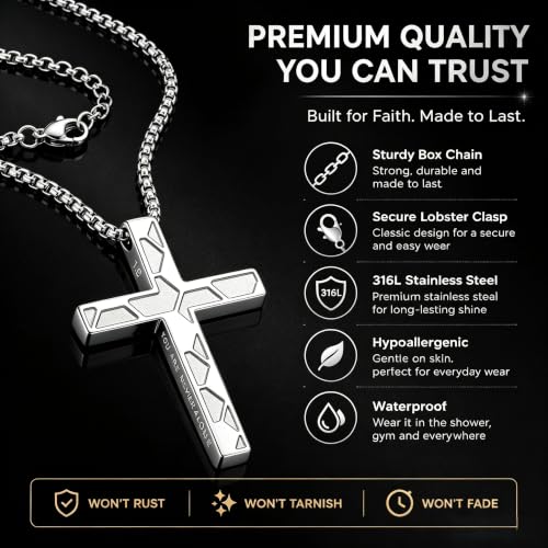 Cross Necklace for Boys Men, 2 PCS Soccer Cross Necklace Gift Set, 316L Stainless Steel Bible Verse Christian Jewelry Gifts for Boys Teens Men Soccer Players with Message Card, Gift Box, Black & Silver