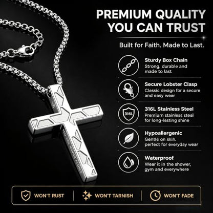 Cross Necklace for Boys Men, 2 PCS Soccer Cross Necklace Gift Set, 316L Stainless Steel Bible Verse Christian Jewelry Gifts for Boys Teens Men Soccer Players with Message Card, Gift Box, Black & Silver