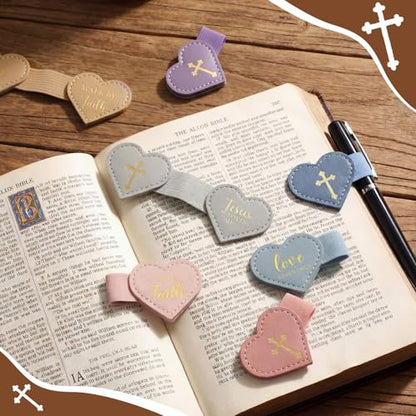 Resurhang 10 Pcs Magnetic Bible Bookmarks Heart Leather Cross Pen Clip