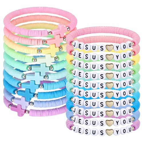Landical 20 Pcs Cross Bracelets and Jesus Loves You Bracelet Bulk - color: Macaron