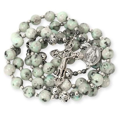 Nazareth Store Genuine Rosary Stone Beads Necklace Metal Beaded Glory Beads Miraculous Medal & Silver Cross Crucifix For Men and Womens - color: Dalmation Jasper