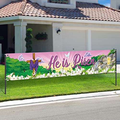 Tatuo He Is Risen Banner Easter Day Banner Decoration Easter Religious Yard Sign Large Fabric Christian Cross Fence Sign Spring Photo Backdrop for Garden Indoor Outdoor Decor, 98 x 18 Inch
