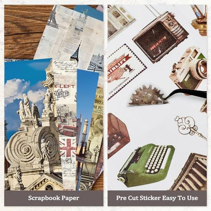 Bomichi Travel Sticker Book, 32 Sheets 377 Pcs Vintage Aesthetics Stickers & 20 Sheets Washi Paper for Journaling Scrapbooking Bullet Journals Planners Letter Card Making - style: Travel sticker book