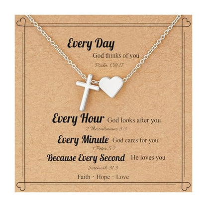 WEDDINEN First Communion Confirmation Baptism Jewelry Gifts for Teens Girls Kids,Cross Heart Necklace for Women Girls Christian Religious Stuffers Jewelry Gifts for Kids - style: Every Day-Silver