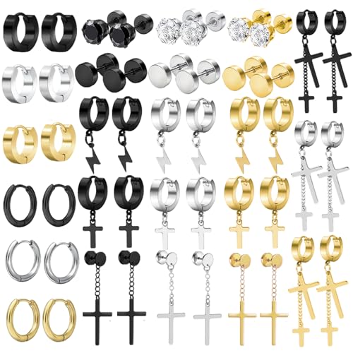 NEWITIN 24 Pairs Stainless Steel Earrings for Men Hypoallergenic Inlaid Cubic Zirconia Studs Hoop Earring Cross Dangle Earrings Unisex Punk Stud Earring for Women Men - color: Fashion