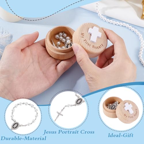 AHANDMAKER Baptism Gift Box, My First Blue Bracelets with Keepsake Box, Baptism Gifts Keepsake Cases with Light Blue Round Pearl Bracelets for Baby Birthday Baby Shower (White)