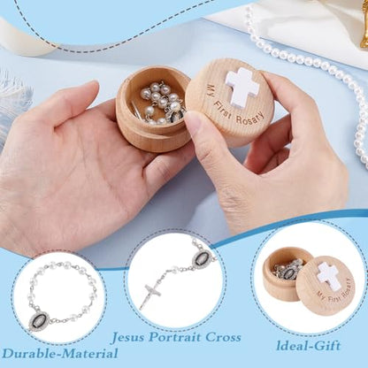 AHANDMAKER Baptism Gift Box, My First Blue Bracelets with Keepsake Box, Baptism Gifts Keepsake Cases with Light Blue Round Pearl Bracelets for Baby Birthday Baby Shower (White)