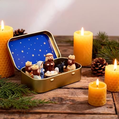 Handmade Miniature Christmas Nativity Set in Tin Box - Portable Pocket-Sized Manger Scene with Mary, Jesus, Shepherds Animals Figures - Hand-Paintedfor/Easter Gift