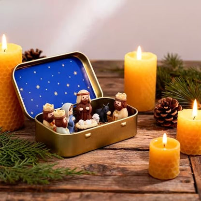 Handmade Miniature Christmas Nativity Set in Tin Box - Portable Pocket-Sized Manger Scene with Mary, Jesus, Shepherds Animals Figures - Hand-Paintedfor/Easter Gift