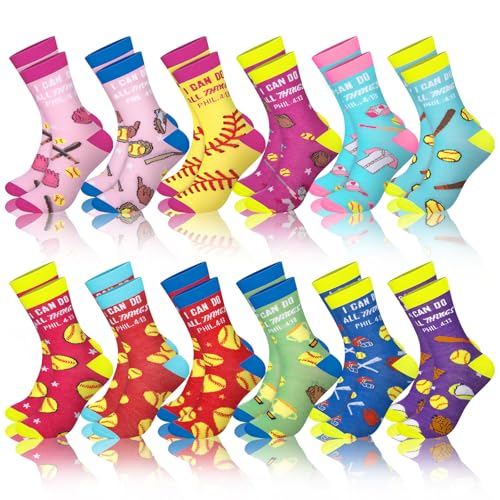 Suhine 12 Pairs Softball Bible Verse Socks Christian Softball Team Socks I Can Do All Things Religious Appreciation Gift Crew Cotton Birthday Sport Party Gifts for Women Men Sport Lovers Team Players