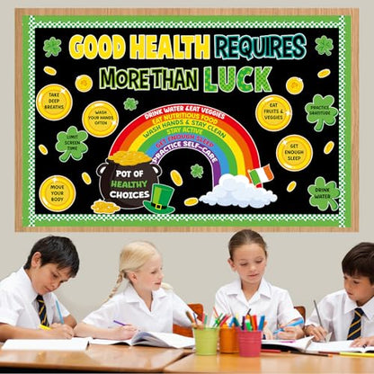 St. Patrick's Day Health Bulletin Board Lucky Shamrock Bulletin Board Decorations Rainbow Gold Coin Paper Cutouts for St. Patrick Party Supplies Home Classroom Chalkboard Wall Door Window Decoration - style: St. Patrick's Day Health