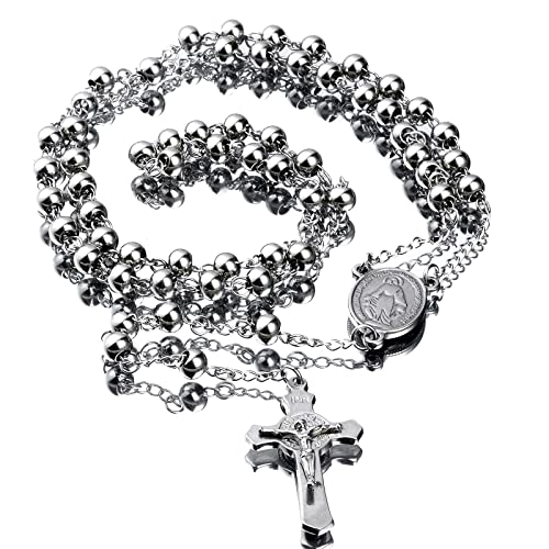 30" Stainless Steel Rosary Beads Necklace 6mm Silver Color with Jesus Christ Crucifix Cross Daily Prayer Baptism Confirmation Christmas Gift