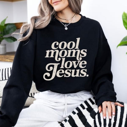 FITIN Cool Moms Love Jesus Christian Graphic Crewneck Sweatshirt – Distressed Design Faith-Based Pullover - color: Black, size: Medium