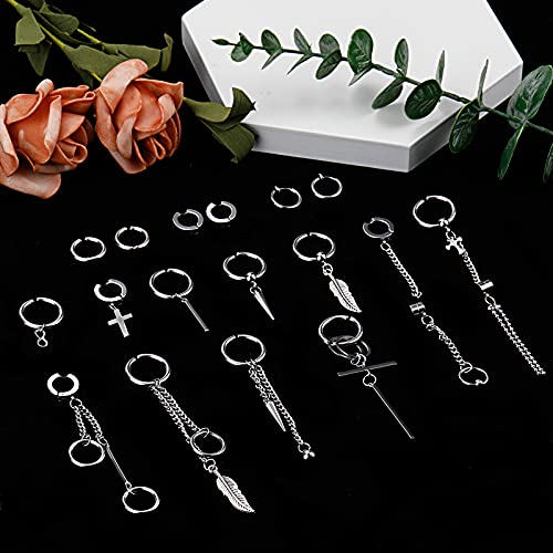 ONESING 20-25 Pcs Clip On Earrings for Men - Dangle Hoop Sterling Non Pierced Fake Piercings - Stainless Steel Silver - color: Silver-20pcs