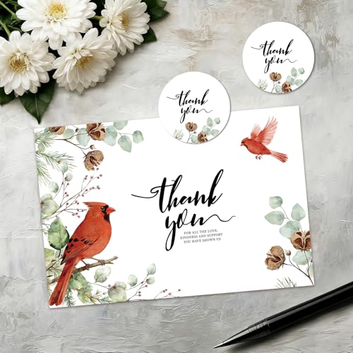C2U 24 Pack Funeral Thank You Cards with Envelopes & Stickers – Cardinal Bird Branch Sympathy Cards for Bereavement, Memorial Service – Pre-Printed Condolence Cards with Space to Write – 4x6 Inch Acknowledgment Notes for Loved Ones (24)