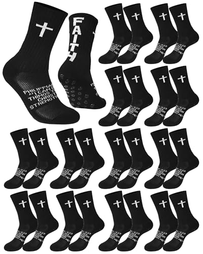 Chicingyou 12 Pairs Cross Grip Soccer Socks, Philippians 4:13 Bible Verse Christian Anti Slip Football Socks for Men Women - color: Black