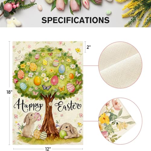 Happy Easter Garden Flag 12x18 Inch Double Sided for Outside Easter Egg Tree Bunny Small Burlap Holiday Outdoor Lawn Farm House Yard Flag Decor