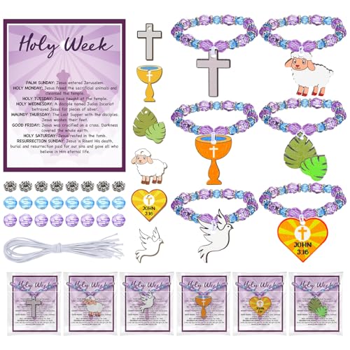 Liliaafar 24 Sets Easter Crafts Holy Week Bead Bracelet Craft Kits with Card Easter Party Favors DIY Holy Week Sunday Beaded Gifts Religious Christian Bracelet Kits for Spring Art Gifts