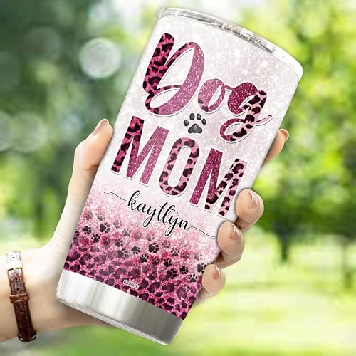 Personalized Dog Mom Tumbler Gifts for Women Travel Coffee Mug Gift for Daughter Girls Sister Dog Lovers Pet Owners Insulated Stainless Steel Cup 20oz With Lid - color: DOG MOM
