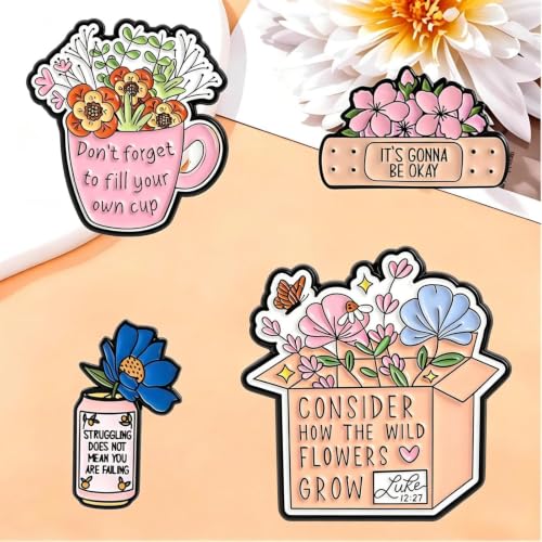 MemeChic 4PCS Inspirational Flower Enamel Pins Set，Christian Faith Bible Verse Luke 12:27 Religious Brooch, Encouragement Gifts for Women Men, Mental Health Positive Affirmation Lapel Pins for Jacket Backpack