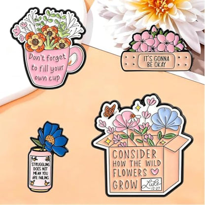 MemeChic 4PCS Inspirational Flower Enamel Pins Set，Christian Faith Bible Verse Luke 12:27 Religious Brooch, Encouragement Gifts for Women Men, Mental Health Positive Affirmation Lapel Pins for Jacket Backpack