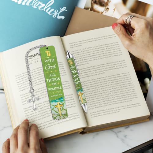 Gift Set Bible Verse Metal Bookmark Pen, Scripture Marker for Women Men - style: Religious Green