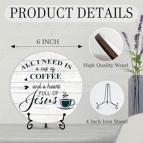 Coffee Bar Sign, Christian Café Bar Decor, Farmhouse Round Wood Plaque with Stand, Coffee And Jesus Themed Table Signs for Home Kitchen Office, Coffee Lover Gifts (10) - color: Blue