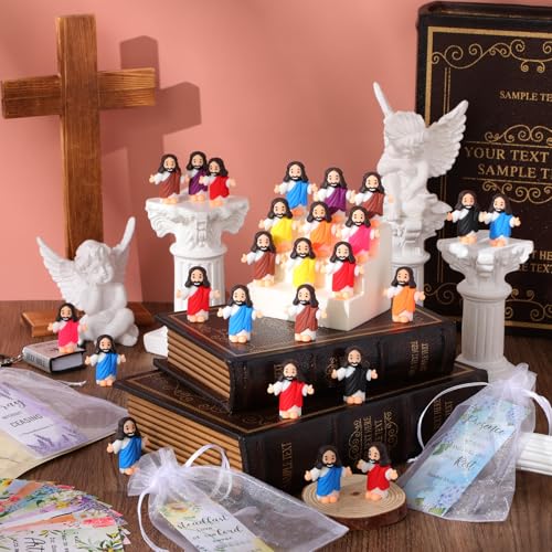 Barydat 100 Sets Mini Jesus Figurines Bulk Easter Gift Little Jesus Figures Tiny Toys Christ Savior Doll with Cards Bags for Religious Party Favors Sunday School Baptism Gift(Floral Style) - style: Floral Style