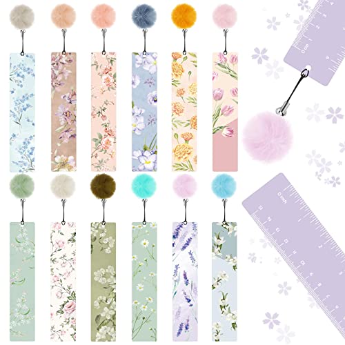 Outus 12 Pcs Floral Bookmarks, Bulk Flower Bookmarks for Women with Pendant, Floral Book Accessories Gifts for Adults, Women, Sister with Rulers, Reading End of The Year Presents Party Favors - style: Floral