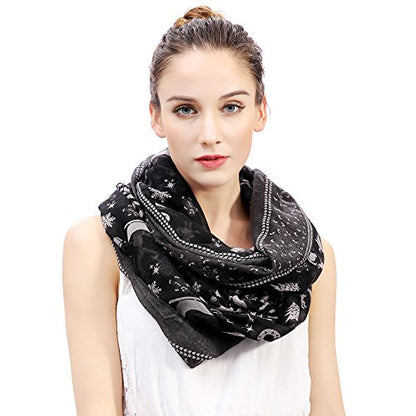 Lina & Lily Holiday Christmas Pattern Print Women's Infinity Scarf Lightweight - color: Black, Christmas