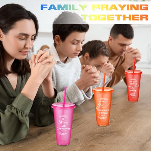 Havawish 12 Christian Tumbler Gift Bulk Religious Inspirational 24 oz Drinking Jesus Cup with Lid Straw Bible Verse Plastic Cup for Grandparents Pastor Clergy Church Sunday School, Colour - color: Colour