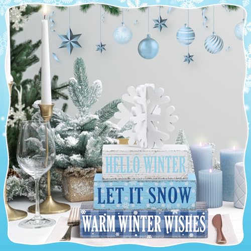 Geelin 4 Pcs Winter Wooden Table Decorations Snowflake Tiered Tray Signs - style: Snowflake