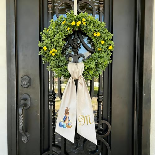Rabbit Easter Wreath Bow Custom Embroidered Monogram Spring Bunny Wreath Sash for Front Door Hand Tailored Easter Decorations Spring Bows for Wreaths (K) - color: K