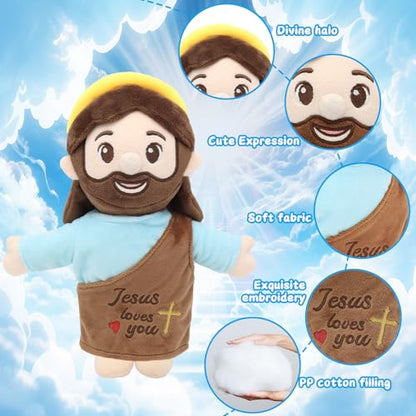 Yelakey Jesus Plush 10", Jesus Plush Stuffed Doll with Halo, White-Skinned Big-Eyed Cute Plushie Gifts for Kids, Christian Stuff Religious Party Toys for Church Easter Christmas Baptisms Favors - color: Brown-big-eyed