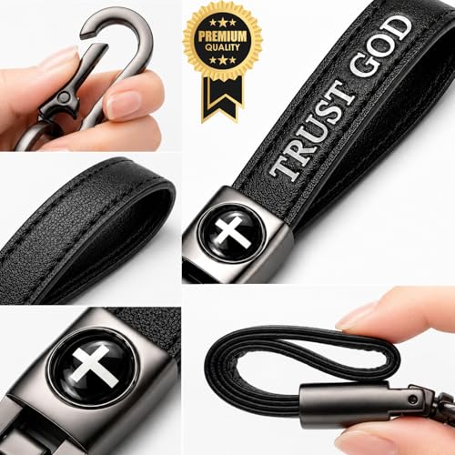 Christian Cross Leather Keychain for Men – Christian Gift for Dad Husband Son - color: Black – Trust God