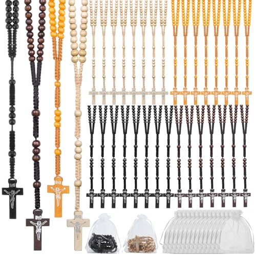 48 Pcs Wooden Rosary Beads Necklace Bulk, Handmade Wood Catholic Rosaries with Cross and Organza Bags, First Communion and Baptism Favors, Religious Gifts for Men and Women