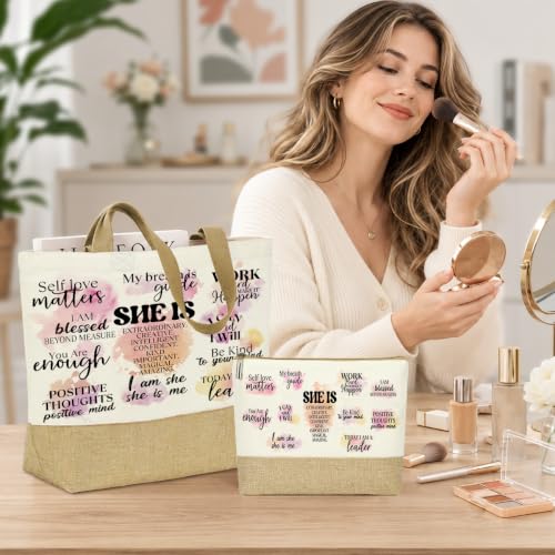 jeilink Inspirational Religious Gifts Boss Mom Birthday Christmas Tote Bag Canvas Reusable Grocery Beach Tote Black Pink - color: Self Care Positive 1747