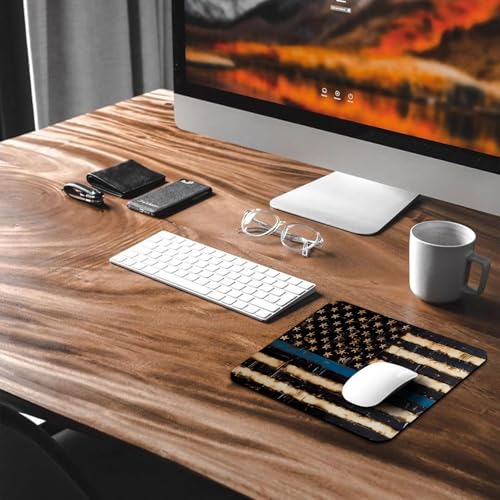 Thin Blue Line American Pride Flag Mouse Pad, Rustic Burnt Wood Desk Mat - color: Blue Line
